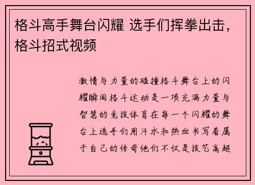 格斗高手舞台闪耀 选手们挥拳出击，格斗招式视频